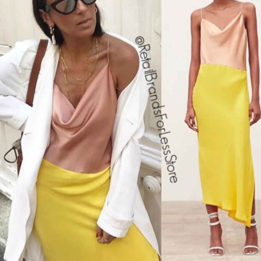 Zara Satin Effect Slit Yellow Nude Colorblock Slip Cami Midi Maxi Dress - Picture 4 of 15
